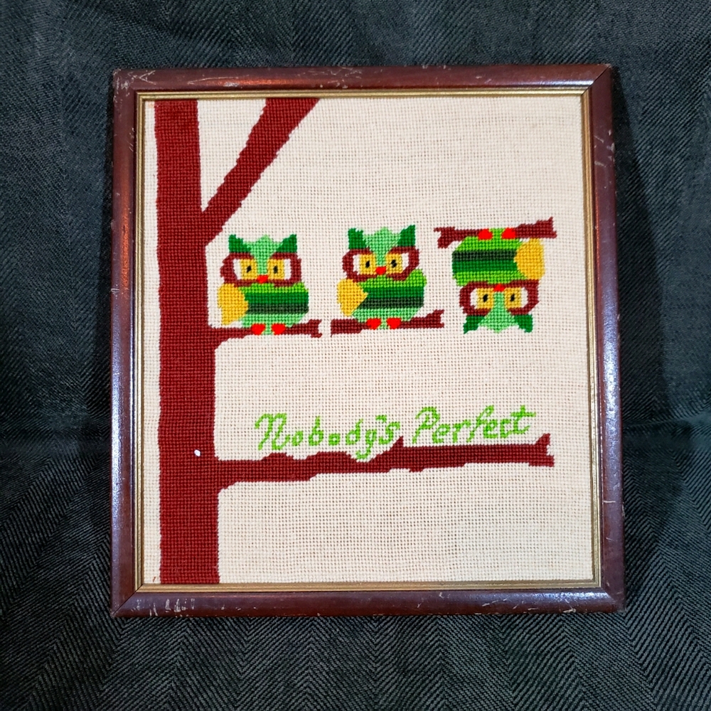 Vintage Owls framed needlepoint wall hanging